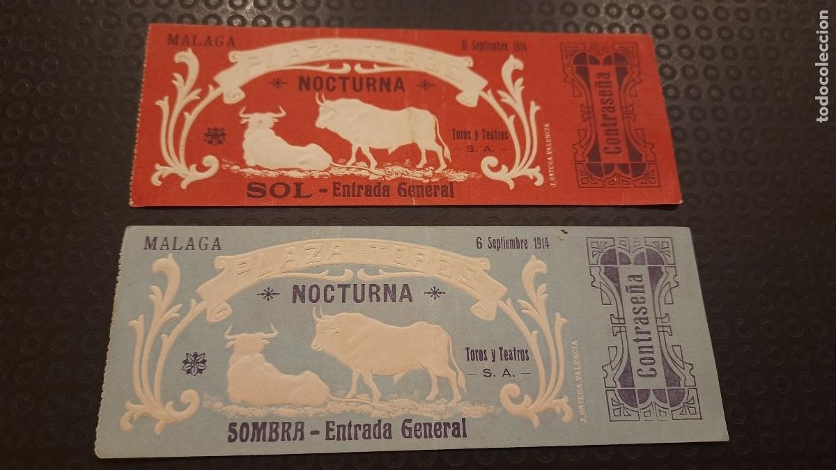 Tauromaquia: LOTE 2 ENTRADAS CORRIDA NOCTURNA MALAGA 1914