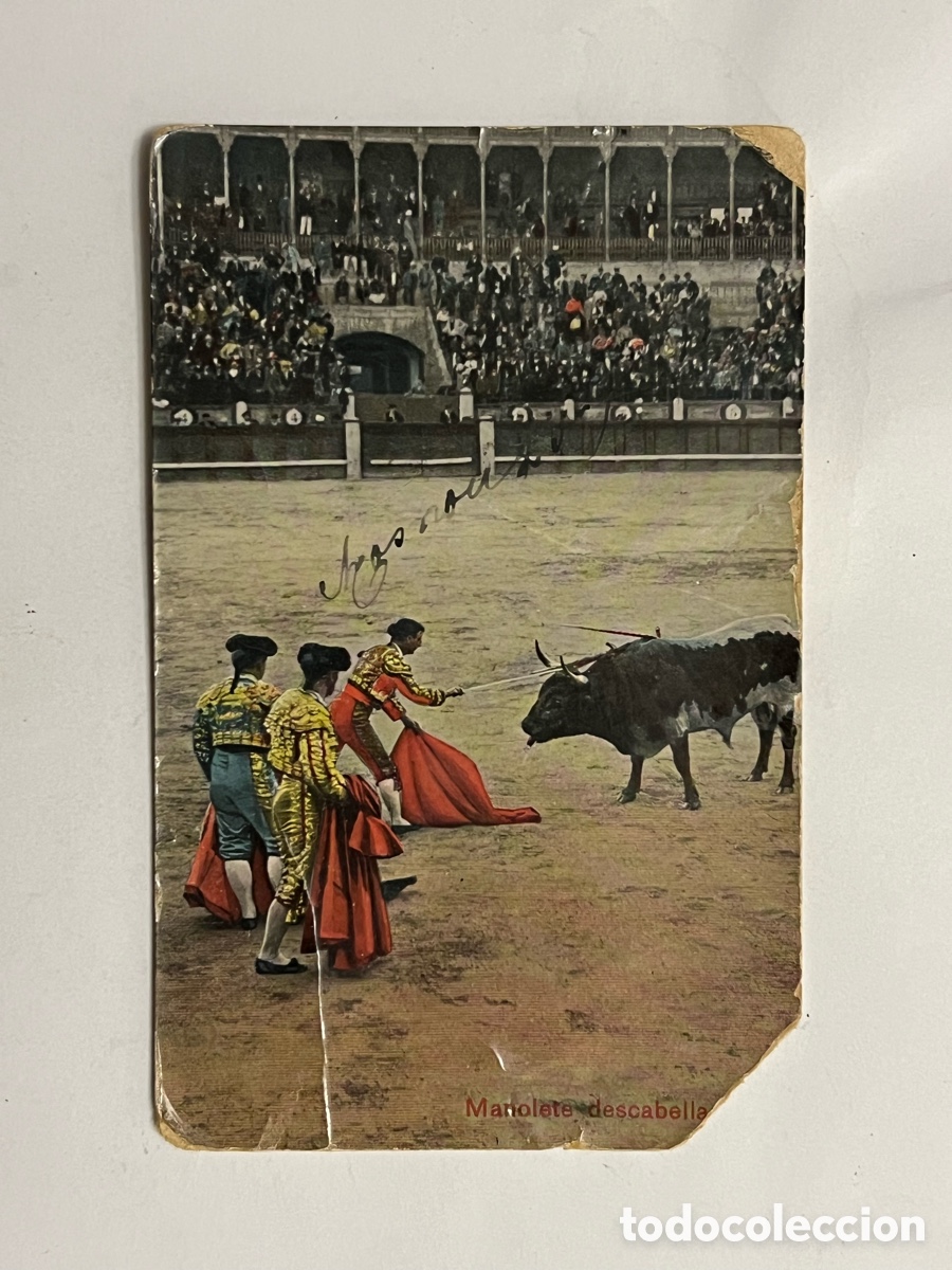 Tauromaquia: MANOLETE DESCABELLANDO - ANTIGUA POSTAL TAURINA, Circulada desde Masnou a Barcelona