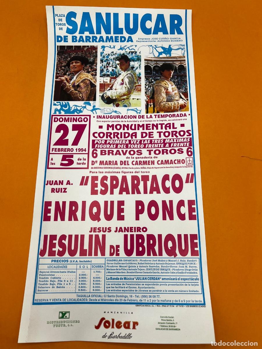 Tauromaquia: CARTEL. PLAZA DE TOROS DE SAN LUCAR DE BARRAMEDA. GANADERIA MAR&Iacute;A DEL CARMEN CAMACHO. ESPARTACO..