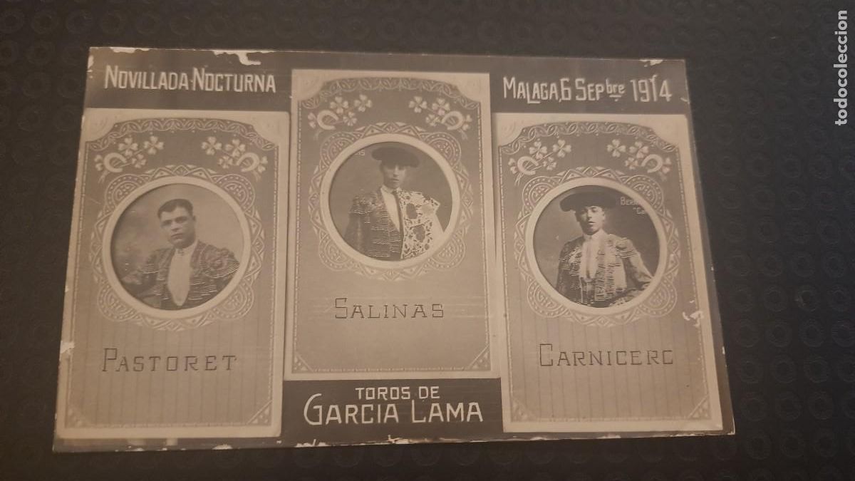 Tauromaquia: NOVILLADA NOCTURNA POSTAL MALAGA PASTORET, SALINAS Y CARNICERO 1914