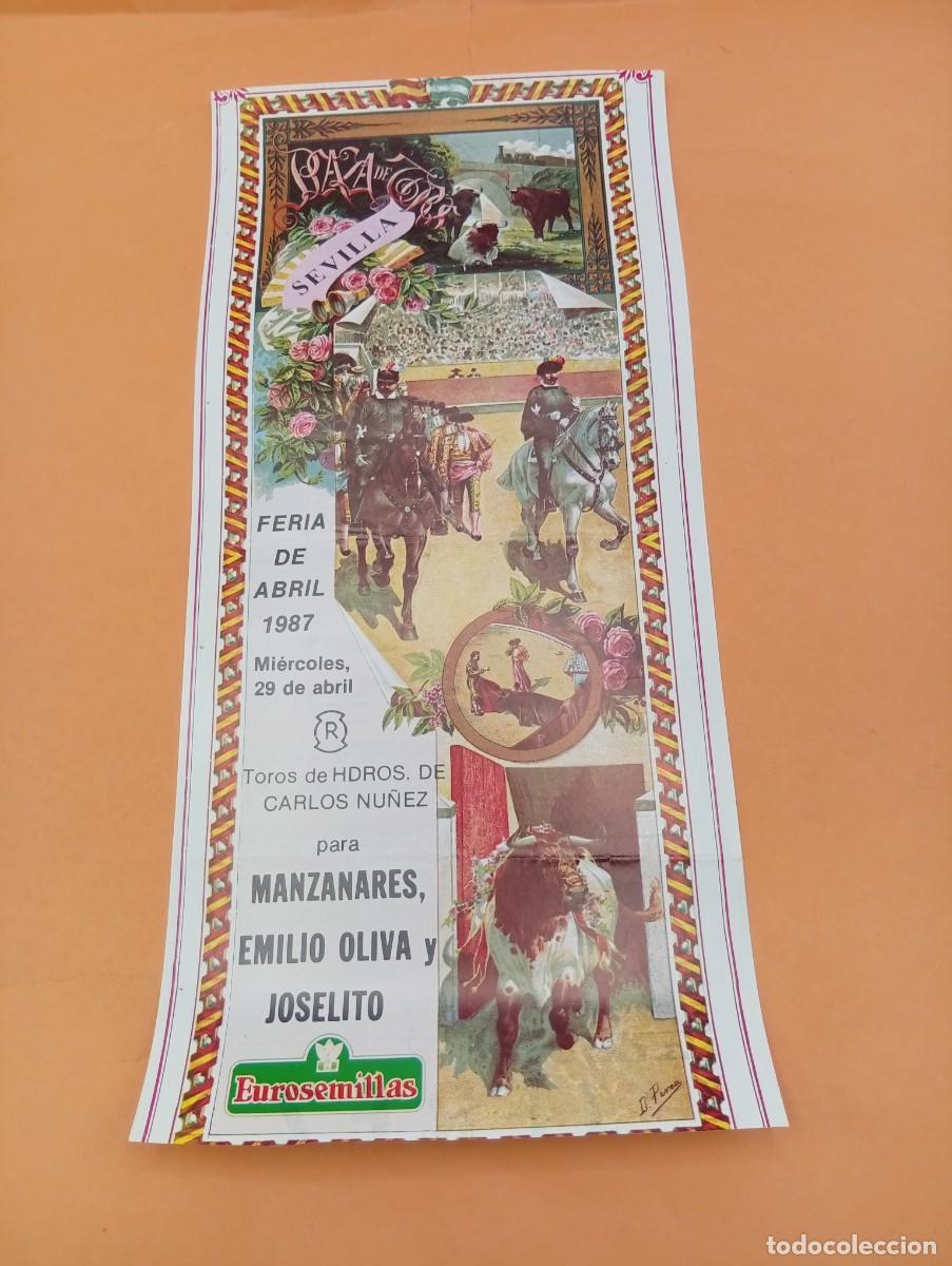 Tauromaquia: CARTEL TOROS. SEVILLA. 1987. GANADERIA HDROS. CARLOS NU&Ntilde;EZ. MANZANARES. EMILIO OLIVA. JOSELITO.
