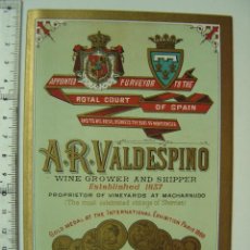 Coleccionismo de vinos y licores: PUBLICIDAD ANTIGUA - VINOS DE A.R. VALDESPINO - JEREZ DE LA FRONTERA