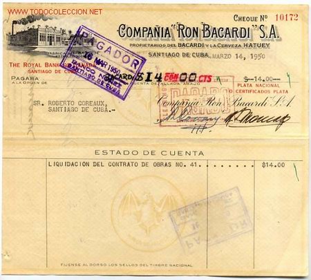 Collection of wines and liquors: ANTIGUO TALON CHEQUE COMPA&Ntilde;IA RON BACARDI A&Ntilde;OS 1950 SANTIAGO DE CUBA COMO EL DE LA FOTO RB