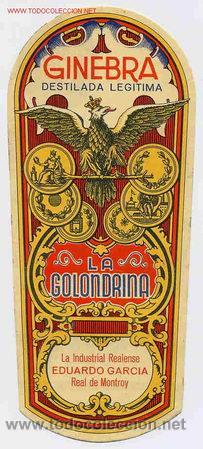 Coleccionismo de vinos y licores: ETIQUETA GINEBRA LA GOLONDRINA LA INDUSTRIAL REALENSE - EDUARDO GARCIA - REAL DE MONTROY - EA32