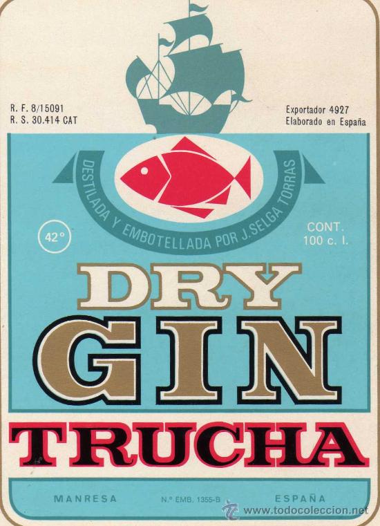 Coleccionismo de vinos y licores: ETIQUETA DE DESTILERIAS J,SELGA TORRAS MANRESA -DRY GIN TRUCHA