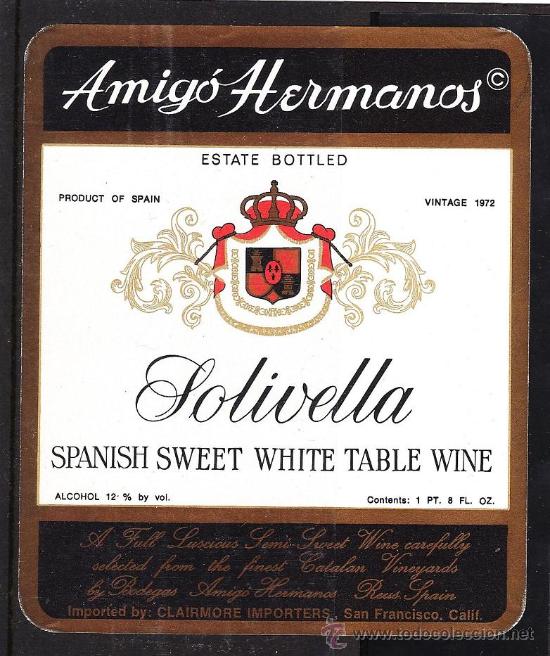 Collection of wines and liquors: etiqueta vino.- solivella. de amigo hermanos, de reus - de exportacion.- a&ntilde;o 1972