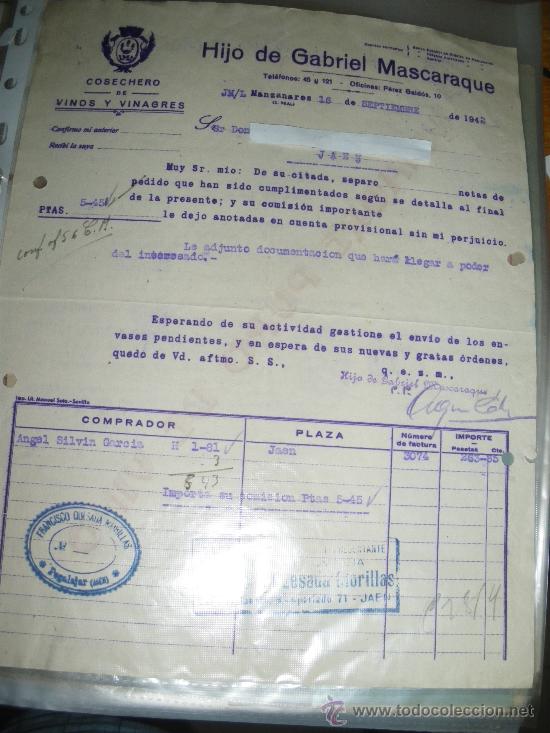 Sammlung von Weinen und Lik&ouml;ren: HIJO DE GABRIEL MASCARAQUE, VINOS Y VINAGRES. NOTA DE PEDIDOS. MANZANARES 1942.