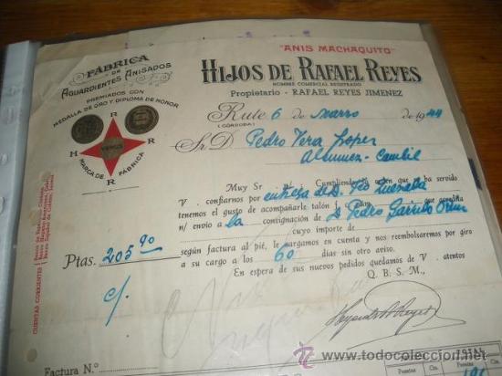Coleccionismo de vinos y licores: ANIS MACHAQUITO, HIJOS DE RAFAEL REYES. RUTE 1944. MANUSCRITA Y FIRMADA POR RAFAEL.