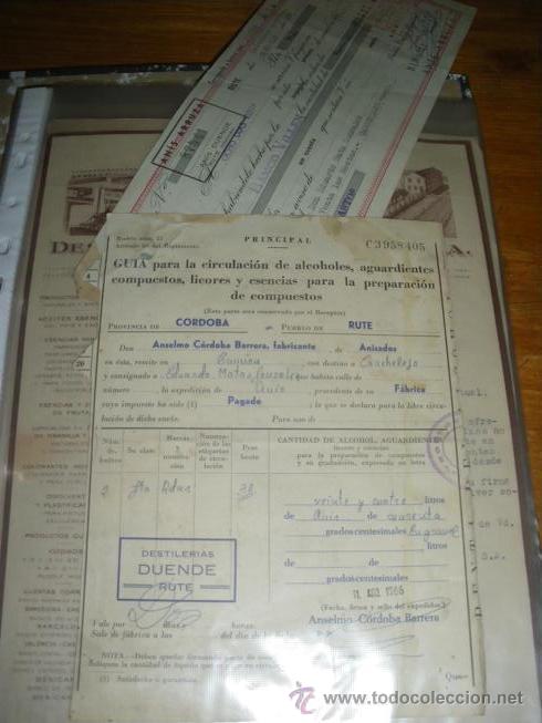 Sammlung von Weinen und Lik&ouml;ren: DESTILERIAS DUENDE, ANIS ARRUZA, RUTE. GUIA DE CIRCULACION Y LETRA DE CAMBIO.