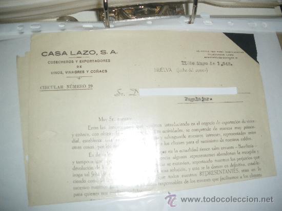 Sammlung von Weinen und Lik&ouml;ren: CASA LAZO, VINOS. HUELVA 1942. CIRCULAR N&ordm; 29.