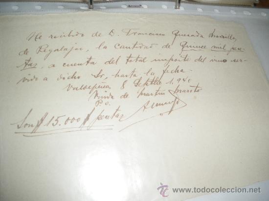 Sammlung von Weinen und Lik&ouml;ren: VIUDA DE MARTIN MAROTO, VINOS VALDEPE&Ntilde;AS. RECIBO MANUSCRITO DE 15000 PTS 1940.