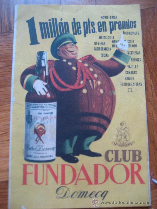Coleccionismo de vinos y licores: Co&ntilde;acs Fundador. Domecq. Club Fundador 1952. 1.000000 de pesetas en premios