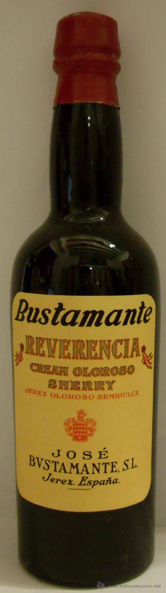 Sammlung von Weinen und Lik&ouml;ren: BOTELLIN DE VINO DE JEREZ CREAM OLOROSO REVERENCIA. BODEGAS JOSE BUSTAMANTE S.L. JEREZ FRA. CADIZ.