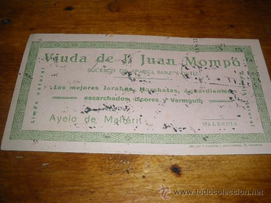Sammlung von Weinen und Lik&ouml;ren: SECANTE DE VIUDA DE J JUAN MOMPO SUCESOR DE APARICI SANZ Y ORTIZ. AYELO MALFERIT, VALENCIA.
