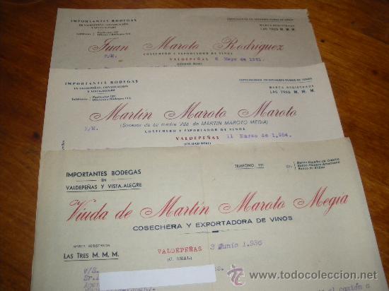 Coleccionismo de vinos y licores: VIUDA DE MARTIN MAROTO MEGIA, VINOS LAS TRES MMM, VALDEPE&Ntilde;AS 1936. Y DOS MAS DE SUS HIJOS.