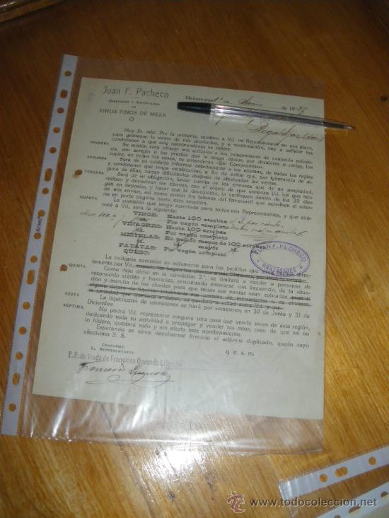 Collection of wines and liquors: VINOS FINOS DE MESA, JUAN F PACHECO. MANZANARES. CONTRATO 1927.
