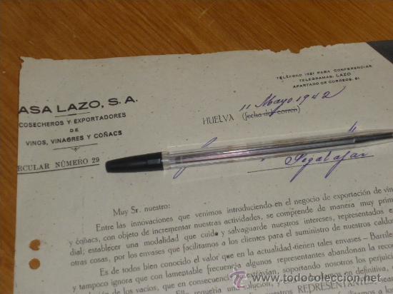 Collection of wines and liquors: CASA LAZO, VINOS VINAGRES Y CO&Ntilde;ACS. CIRCULAR 29 ENLUTADA. HUELVA 1942.