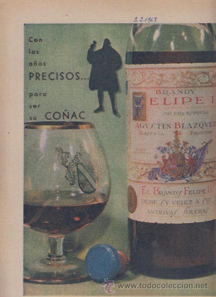 Coleccionismo de vinos y licores: PUBLICIDAD ANTIGUA. BRANDY. FELIPE II. AGUSTIN BLAZQUEZ. 1963.