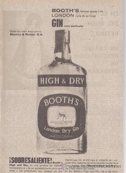 Coleccionismo de vinos y licores: PUBLICIDAD ANTIGUA. GINEBRA. BOOTH'S HIGH AND DRY. 1964.
