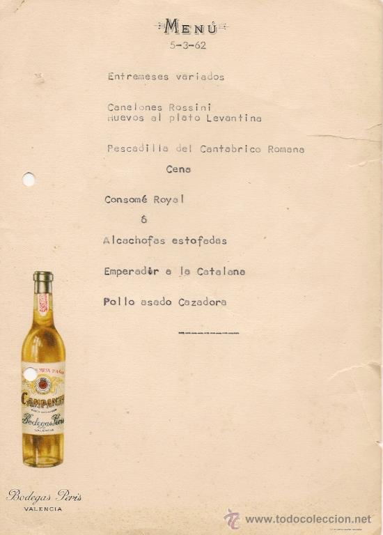 Coleccionismo de vinos y licores: ANTIGUA MINUTA MENU BODEGAS PERIS VALENCIA 1962 PUBLICIDAD