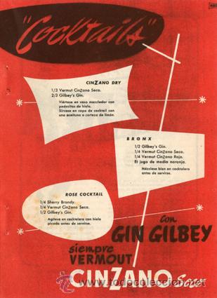 Collection of wines and liquors: P&aacute;gina Publicidad Original *Cocktails con GIN GILBEY y VERMOUT CINZANO SECO* Agencia RIB&Oacute;- A&ntilde;o 1956