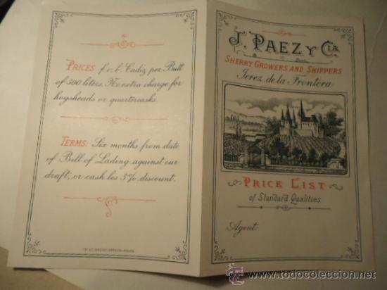 Collection of wines and liquors: lista de precios, price lista jerez de la frontera, vinos j. paez y cia, sherry growers & shipperd