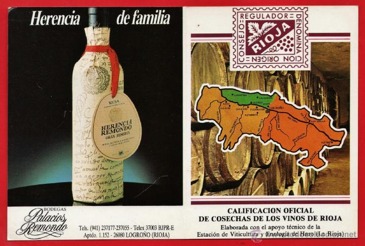 Sammlung von Weinen und Lik&ouml;ren: tarjeta - bodegas palacios remondo - herencia - consejo regulador rioja - a&ntilde;os 80