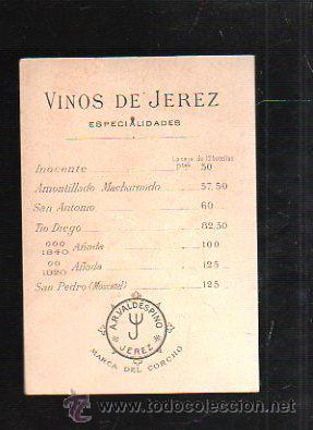 Colecionismo de vinhos e licores: LISTA DE PRECIOS Y ESPECIALIDADES DE VINOS DE JEREZ. A.R.VALDESPINO. VER DORSO. 11 X 7.5CM.