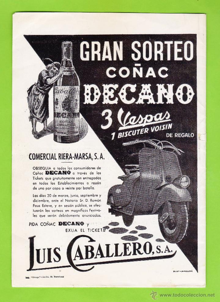 Coleccionismo de vinos y licores: hoja suelta publicitaria - co&ntilde;ac decano / luis caballero - sorteo 3 vespas - a&ntilde;os 50