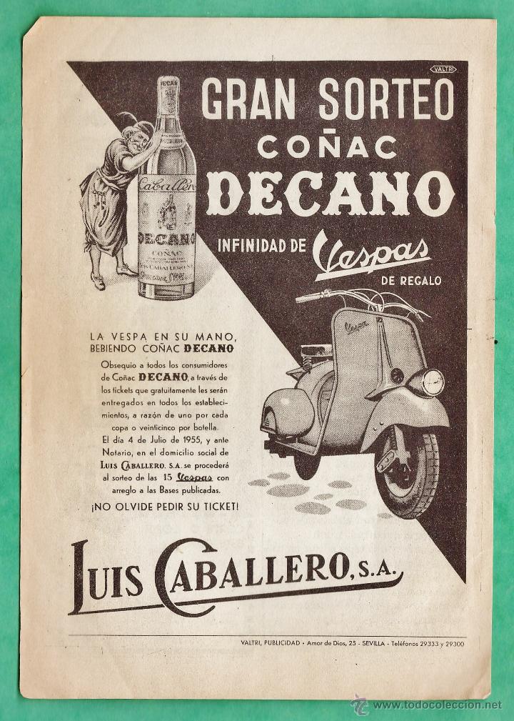 Coleccionismo de vinos y licores: hoja suelta publicitaria - co&ntilde;ac decano / luis caballero - sorteo vespa - a&ntilde;o 1955 - srd
