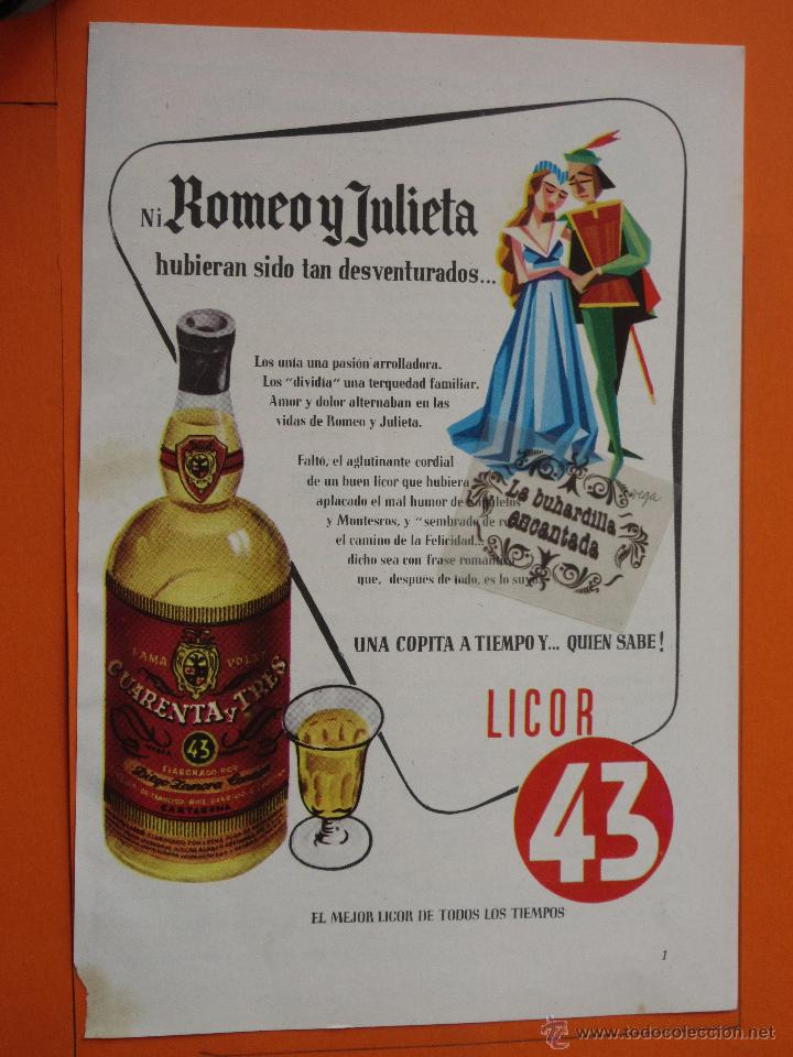 Coleccionismo de vinos y licores: PUBLICIDAD 1958 - COLECCION BEBIDAS - LICOR 43 COLECCION PERSONAJES HISTORICOS - ROMEO Y JULIETA