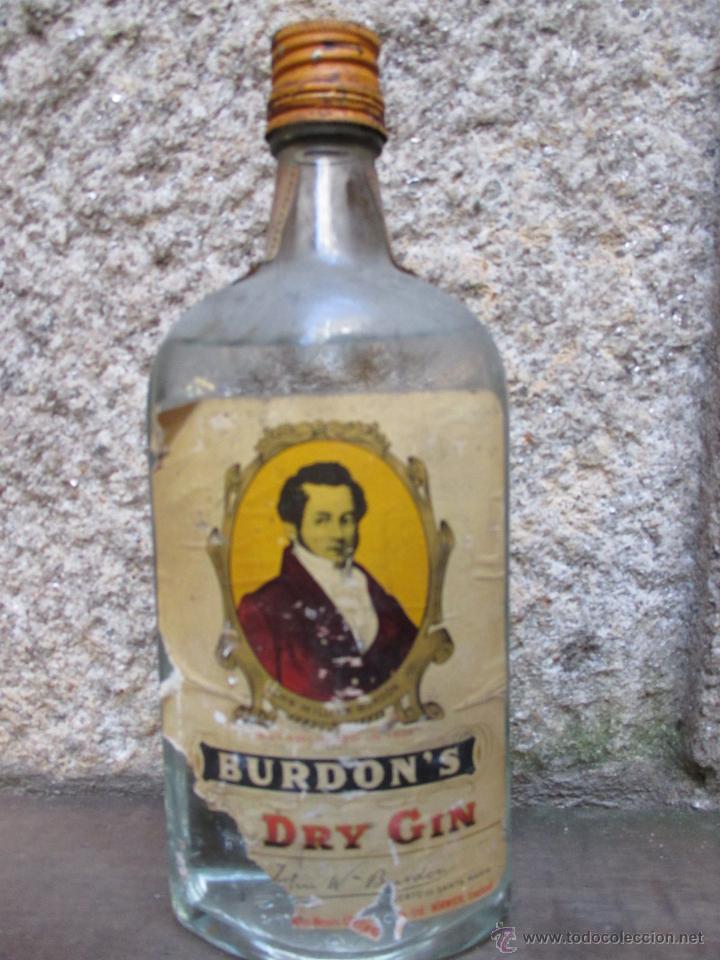 Coleccionismo de vinos y licores: BOTELLA LITRO GINEBRA BURDON'S DRY GIN - SIN ABRIR NI LIMPIAR, TIMBRE 4 PESETAS + INFO