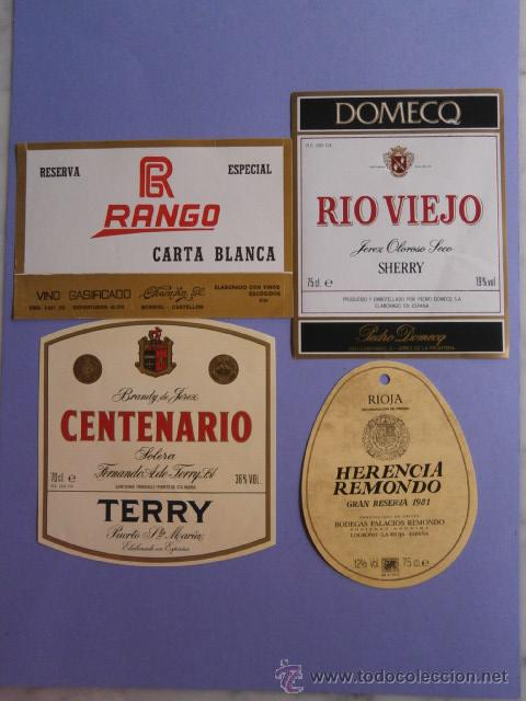 Coleccionismo de vinos y licores: ETIQUETAS DE VINO Y BRANDY - RANGO - CENTENARIO - RIO VIEJO Y HERENCIA REDONDO
