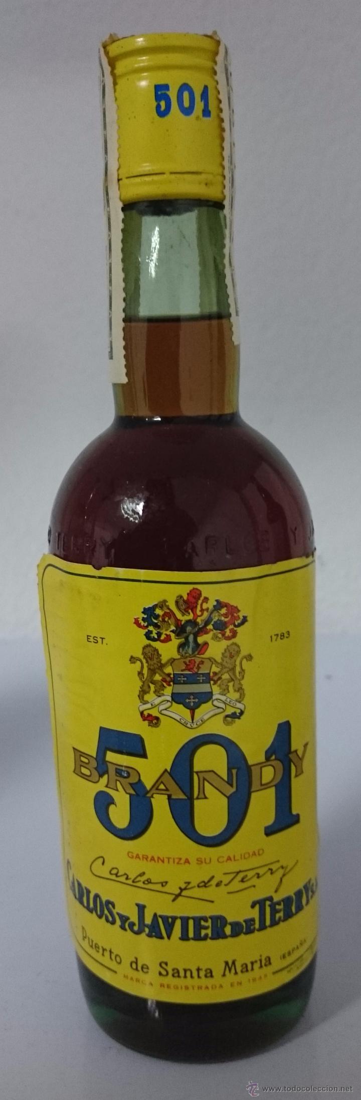 Collection of wines and liquors: BOTELLA BRANDY 501. CARLOS Y JAVIER DE TERRY. PUERTO SANTA MAR&Iacute;A. 2 PTAS. 24 CM ALTO. 1/2 L