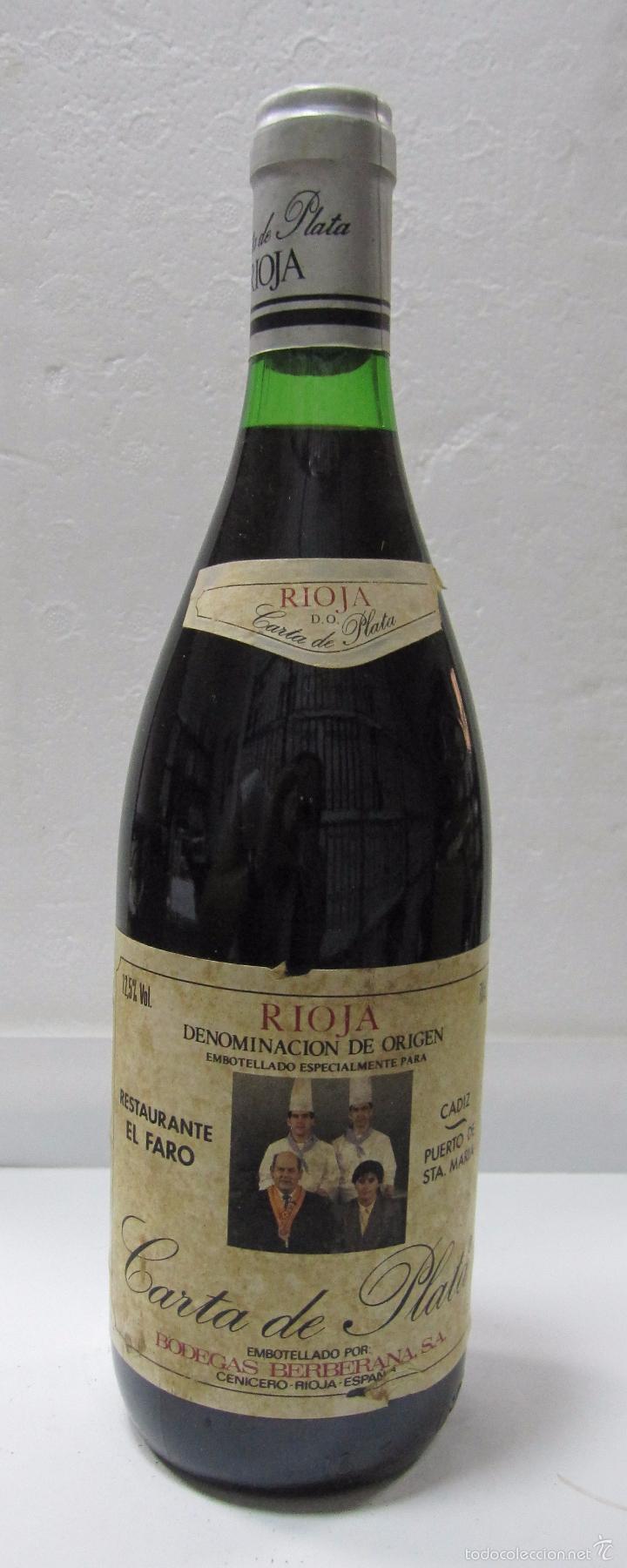 Collectionnisme de vins et liqueurs: BOTELLA DE VINO RIOJA. CARTA DE PLATA. RESTAURANTE EL FARO. PTO STA. M&ordf;. BERBERANA, S.A. CENICERO.