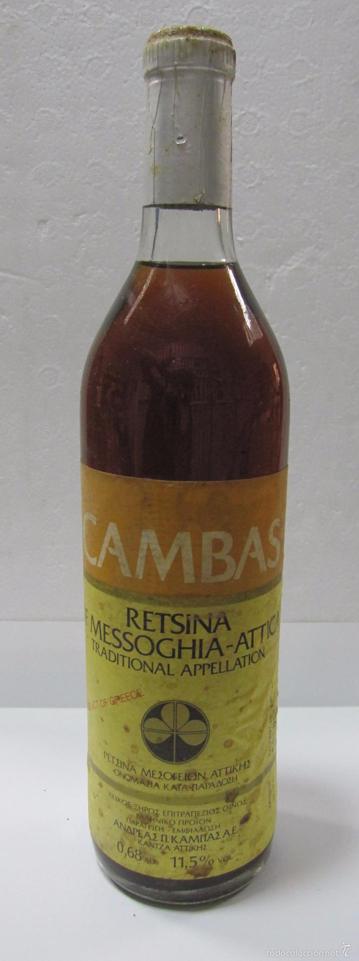 Collection of wines and liquors: BOTELLA DE CAMBAS. RETSINA OF MESSONGHIA-ATTICA. KANTZA. GRECIA.