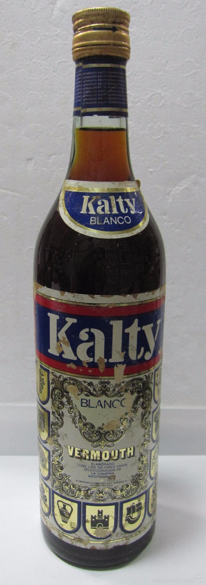 Collection of wines and liquors: BOTELLA DE VERMOUTH BLANCO KALTY. EMBOTELLADO POR E.R.G.A. MADRID. 33 CM DE ALTO.