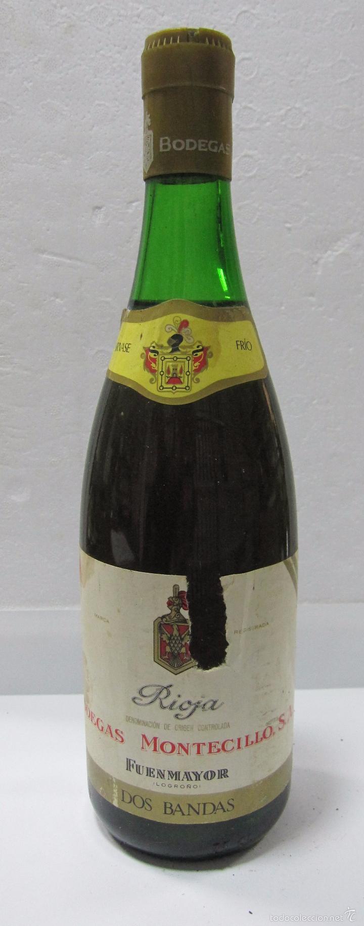 Collection of wines and liquors: BOTELLA DE VINO RIOJA. BODEGAS MONTECILLOS. DOS BANDAS. FUENMAYOR. LOGRO&Ntilde;O.