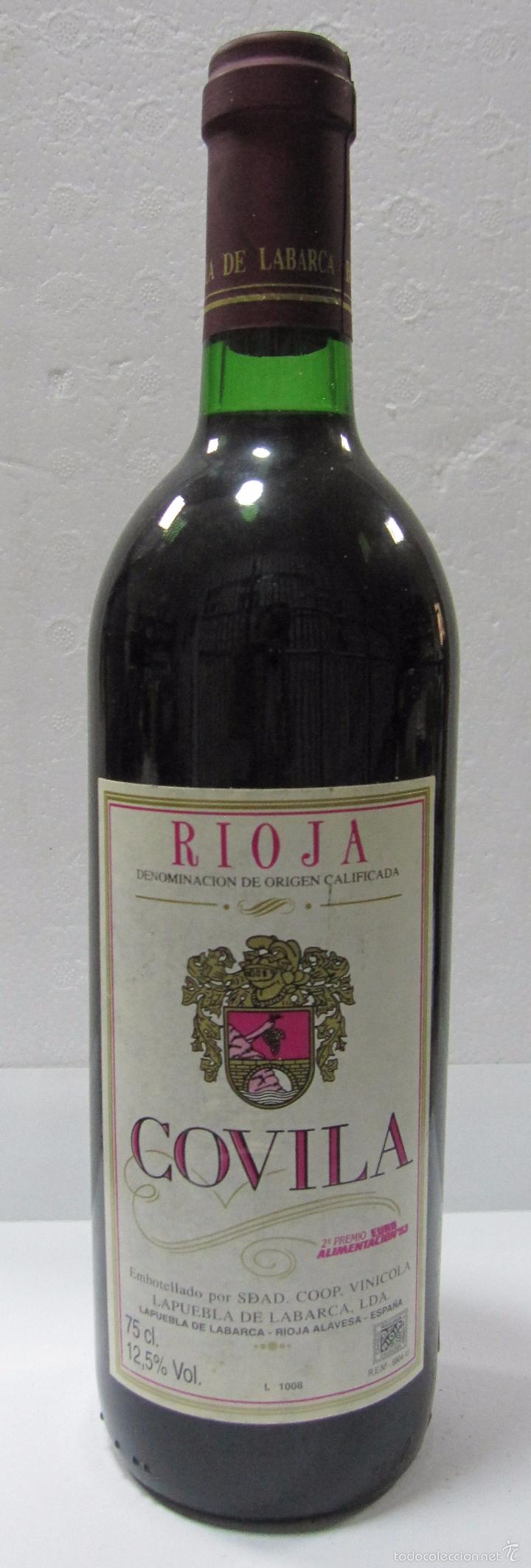 Sammlung von Weinen und Lik&ouml;ren: BOTELLA DE VINO RIOJA. COVILA. SDAD. COOP. VINICOLA. COSECHA&acute;92. LAPUEBLA DE LABARCA. RIOJA ALAVESA.