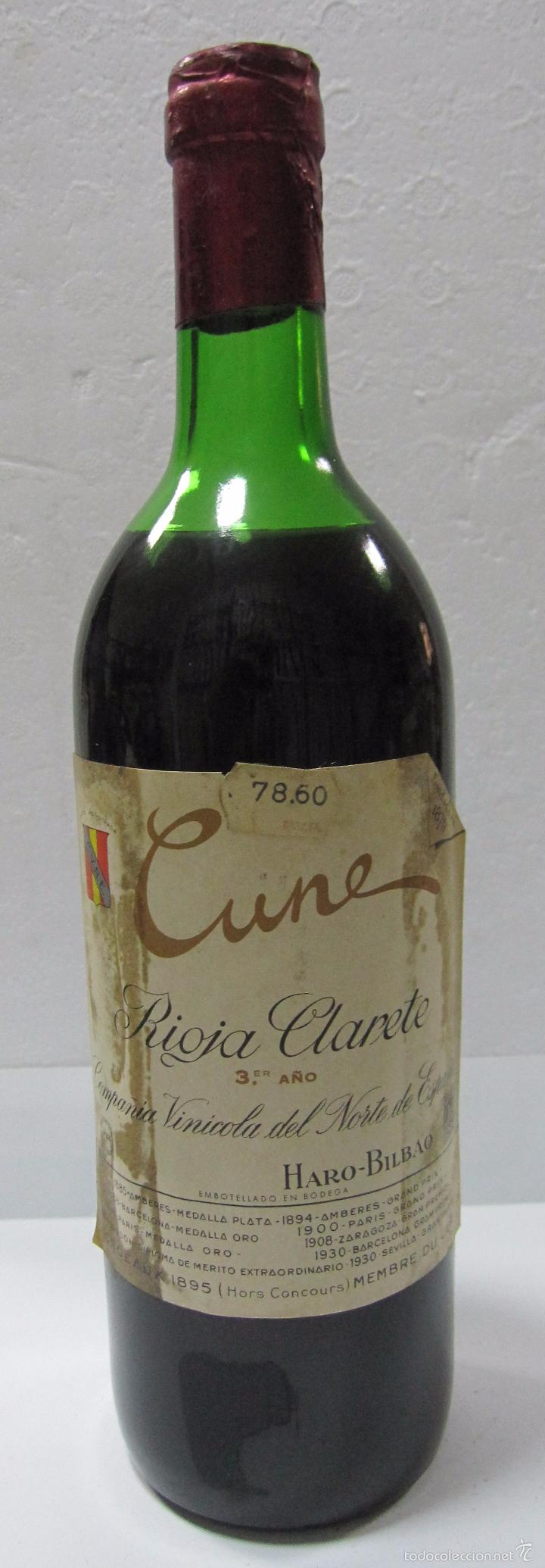 Sammlung von Weinen und Lik&ouml;ren: BOTELLA DE RIOJA CLARETE. CUNE. 3ER A&Ntilde;O. VINICOLA DEL NORTE DE ESPA&Ntilde;A. HARO. BILBAO.