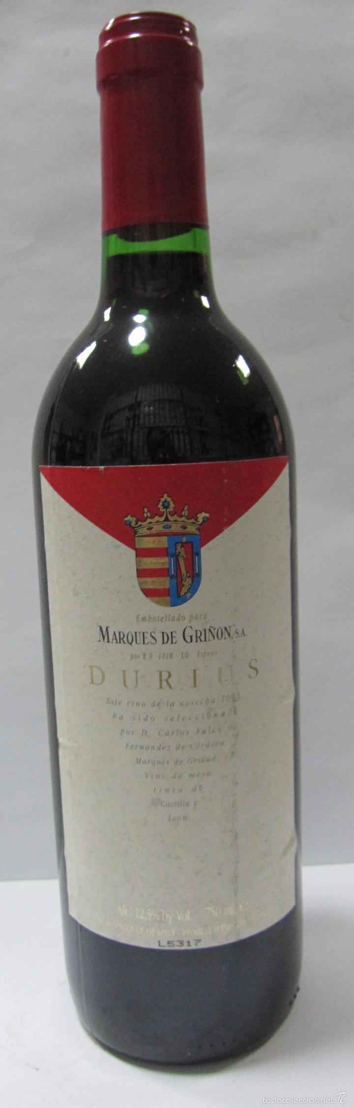 Colecionismo de vinhos e licores: BOTELLA DE VINO TINTO MARQU&Eacute;S DE GRI&Ntilde;&Oacute;N. DURIUS. COSECHA 1993. 29,4 CM DE ALTO