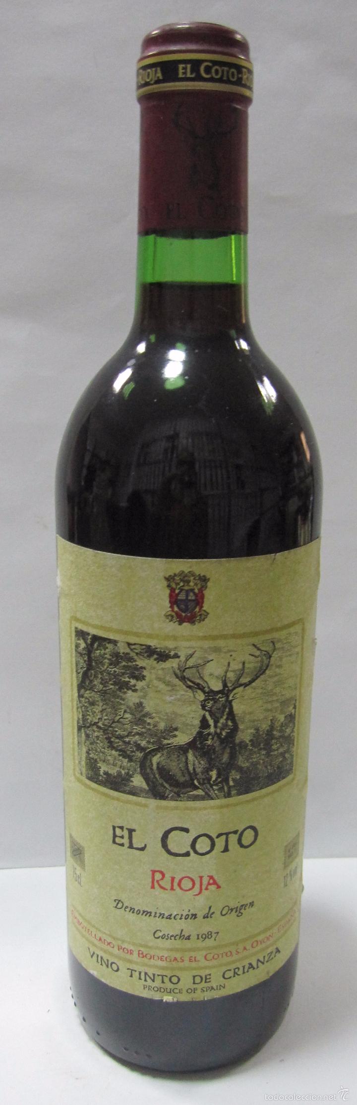 Sammlung von Weinen und Lik&ouml;ren: BOTELLA DE VINO TINTO DE CRIANZA. RIOJA EL COTO. COSECHA 1987. OYON. 29,4 CM DE ALTO.
