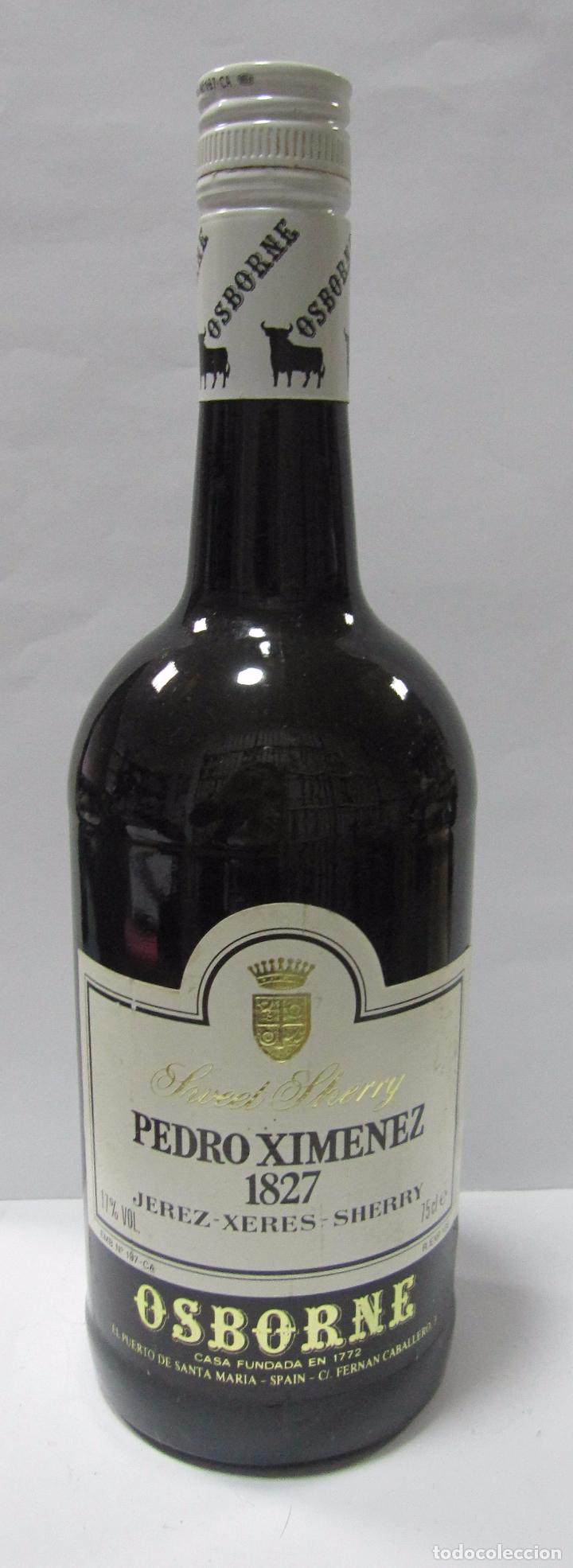 Coleccionismo de vinos y licores: BOTELLA DE MUESTRA DE VINO. PEDRO XIMENEZ 1827. JEREZ. OSBORNE. PTO. DE SANTA MARIA.VAC&Iacute;A
