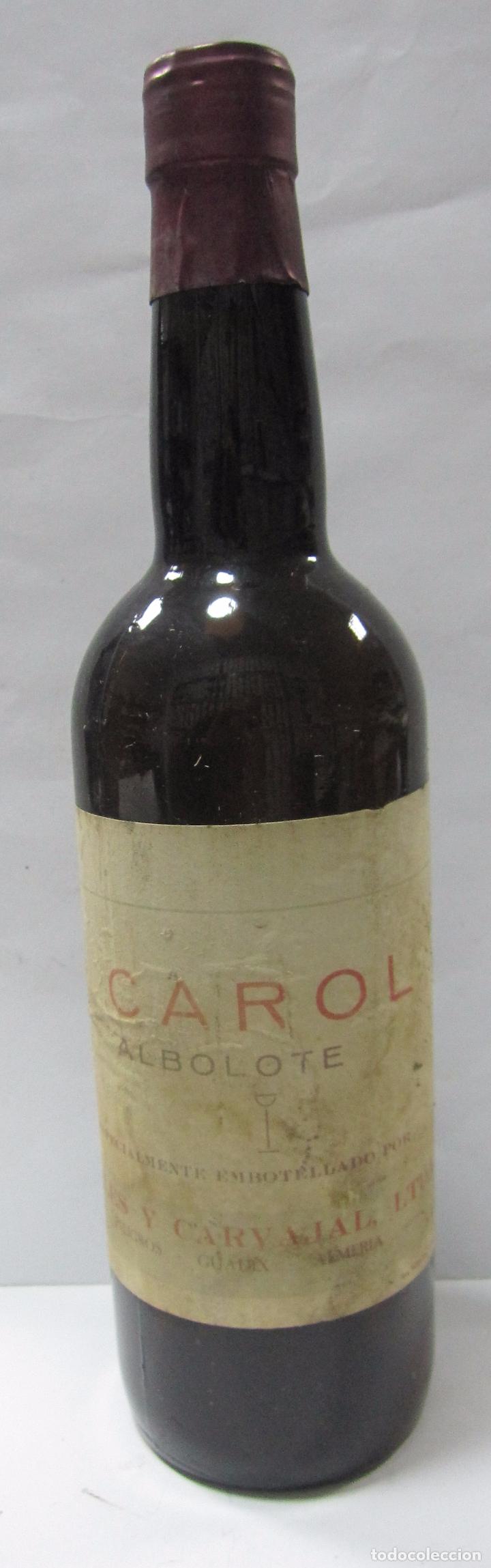 Coleccionismo de vinos y licores: BOTELLA DE MUESTRA DE CAROL. ALBOLOTE. ROBLES Y CARVAJAL, LTDA. PELIGROS - GUADIX. ALMERIA.VAC&Iacute;A