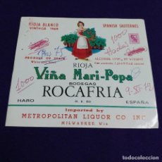 Coleccionismo de vinos y licores: RARA ETIQUETA VINO RIOJA. PRUEBA DE IMPRENTA. VIÑA MARI-PEPA 1969. BODEGAS ROCAFRIA. HARO. USA. Lote 109169355