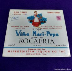 Coleccionismo de vinos y licores: RARA ETIQUETA VINO RIOJA. PRUEBA DE IMPRENTA. VIÑA MARI-PEPA 1971. BODEGAS ROCAFRIA. HARO. USA. Lote 109169443