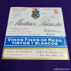 Coleccionismo de vinos y licores: RARA ETIQUETA VINO RIOJA. PRUEBA DE IMPRENTA. BODEGAS MARTINEZ LACUESTA.1967. HARO. PUERTO RICO.