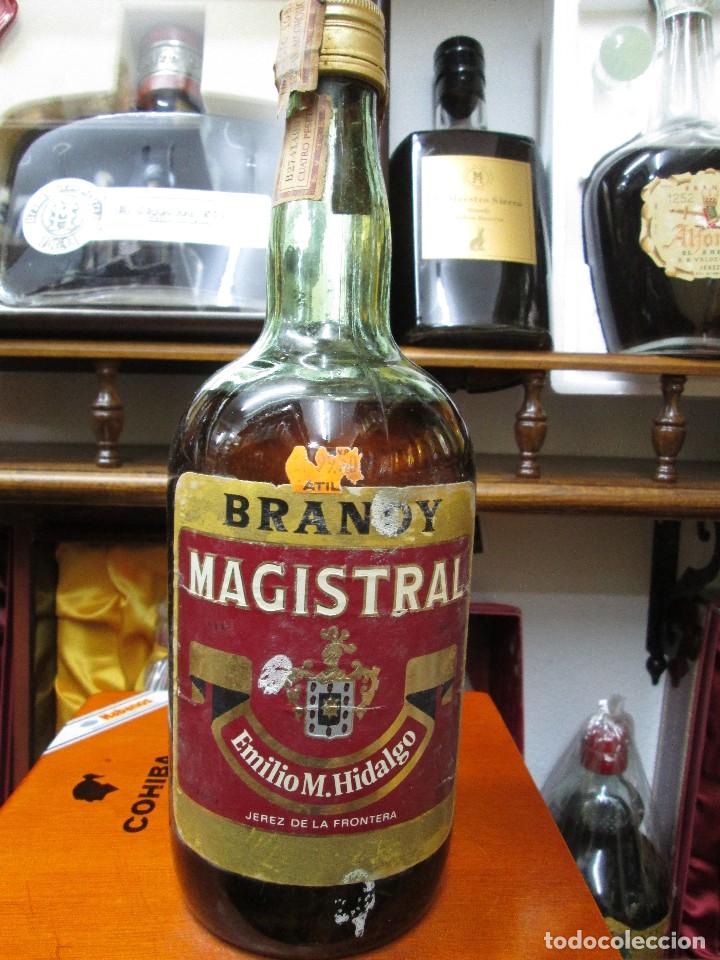 Coleccionismo de vinos y licores: ANTIGUA BOTELLA BRANDY CO&Ntilde;AC,MAGISTRAL EMILIO M. HIDALGO IMPUESTO DE 4 PTS. DECADA 60-70