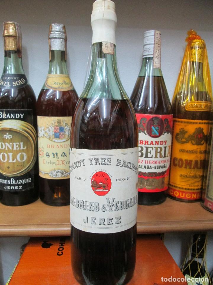 Coleccionismo de vinos y licores: ANTIGUA BOTELLA BRANDY CO&Ntilde;AC, TRES RACIMOS DE PALOMINO Y VERGARA, IMPUESTO DE 4 PTS. DECADA 70