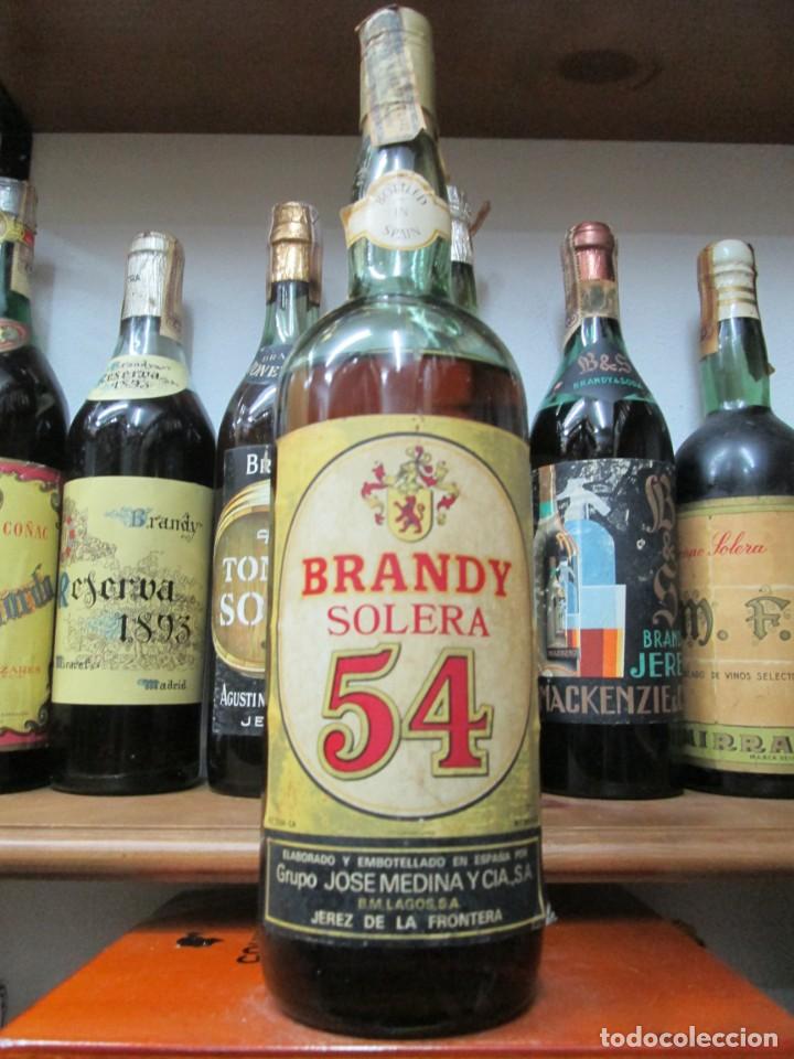 Coleccionismo de vinos y licores: ANTIGUA BOTELLA BRANDY CO&Ntilde;AC, SOLERA 54 GRUPO JOSE MEDINA VIEJA DE IMPUESTO DE 8 PTS. DECADA 80-90